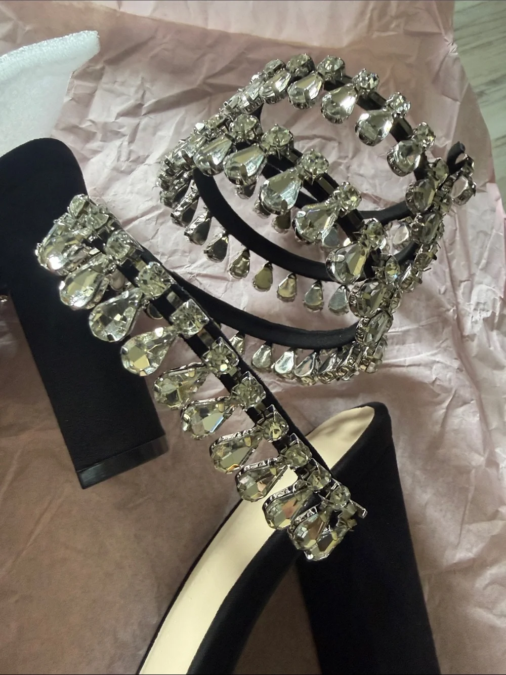 Wild Diva Black Crystal Teardrop Strap Heels